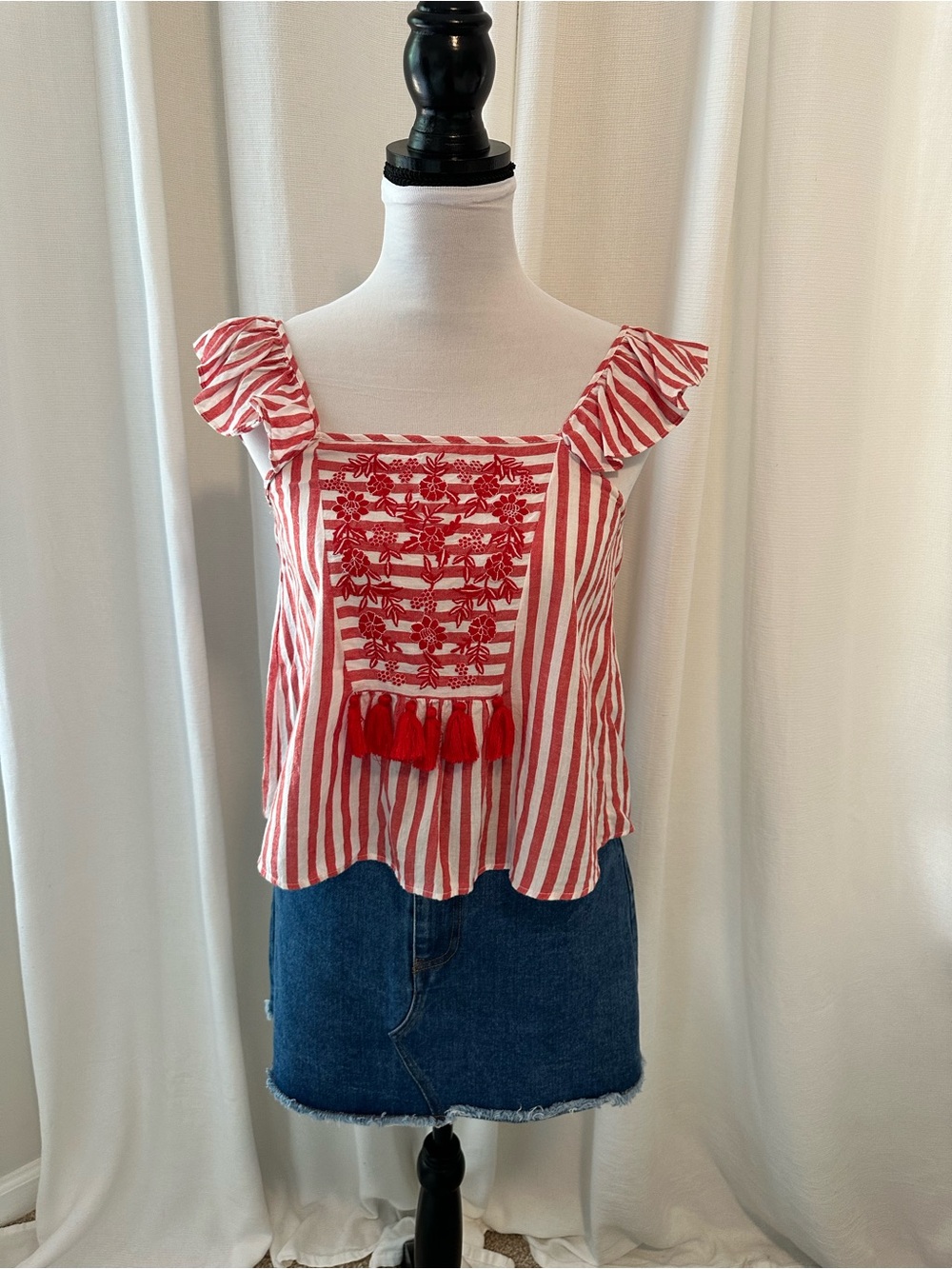 Zara Red and White Striped Embroidered Tassel Camisole